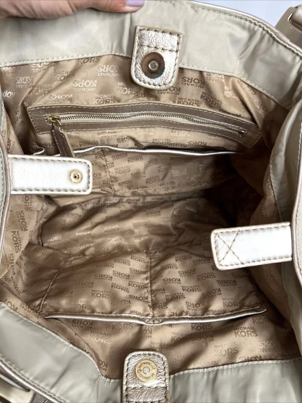 Michael Kors Metallic Beige/Silver Nylon Shoulder Bag With Buckle Detail